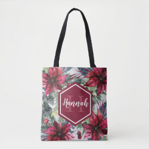 Bolsa Tote Monograma Personalizado Nome Poinsettia Vermelha