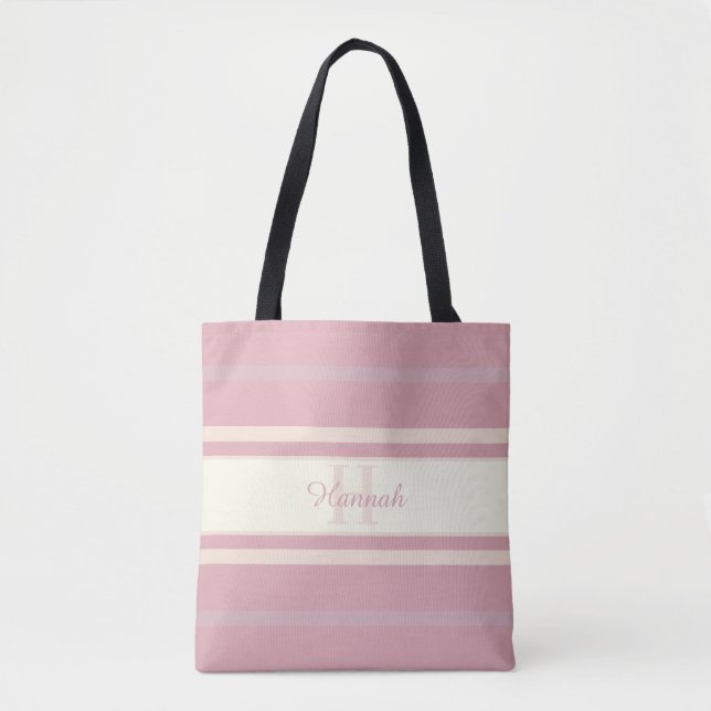 Bolsa Tote Monograma Personalizado Nome Rosa Bege Elegante (Frente)