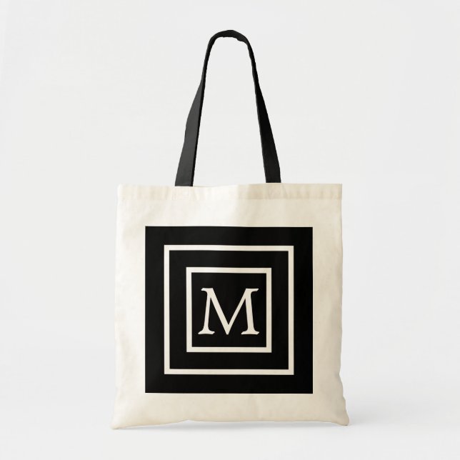 Bolsa Tote Monograma Personalizado Preto e Branco Quadrado (Frente)