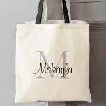 Bolsa Tote Monograma Personalizado Preto Elegante<br><div class="desc">Este saco de tote moderno e elegante apresenta um monograma na moda e nome na tipografia de scripts. É facilmente personalizável e fará um presente de excelente para familiares e amigos.</div>