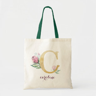 Bolsa Tote Monograma Personalizado Roxo-Dourado Floral