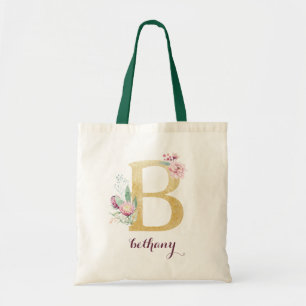 Bolsa Tote Monograma Personalizado Roxo-Dourado Floral
