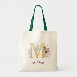 Bolsa Tote Monograma Personalizado Roxo-Dourado Floral