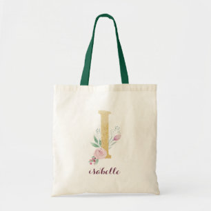 Bolsa Tote Monograma Personalizado Roxo-Dourado Floral