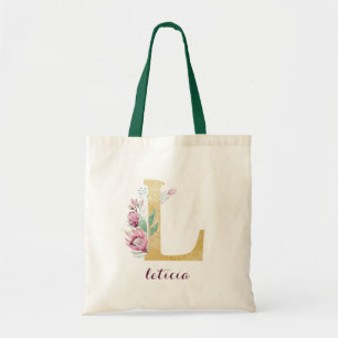 Bolsa Tote Monograma Personalizado Roxo-Dourado Floral