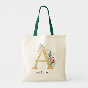 Bolsa Tote Monograma Personalizado Roxo-Dourado Floral