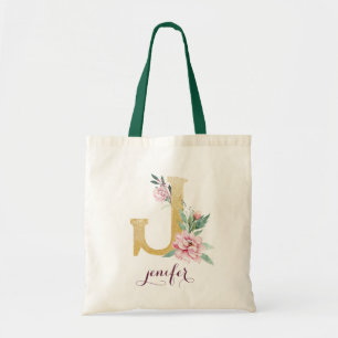 Bolsa Tote Monograma Personalizado Roxo-Dourado Floral