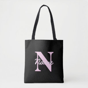 Bolsa Tote Monograma Personalizável Fofo   Rosa Claro e Preto