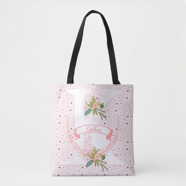Bolsa Tote Monograma Pink Random Dot e Boho Floral (Frente)