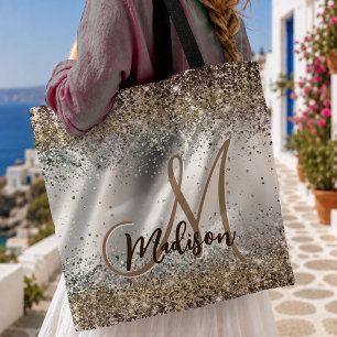 Bolsa Tote Monograma prateada Chic dourada falsa brilho