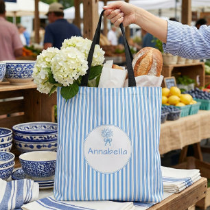 Bolsa Tote Monograma Preppy de Listra Azul e Branco Caprichos
