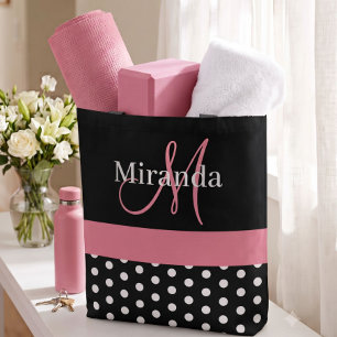 Bolsa Tote Monograma Preto Branco Rosa Pontos Polka Script