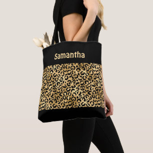 Bolsa Tote Monograma Preto Dourado Estampa de Leopardo Animal