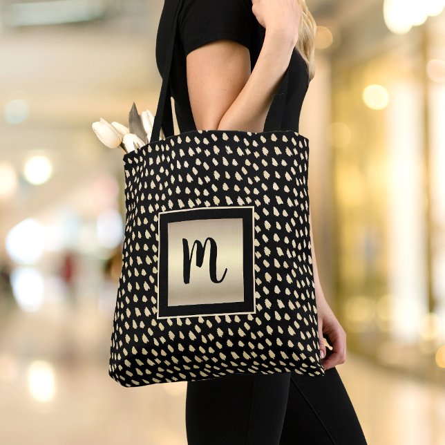 Bolsa Tote Monograma preto dourado folha de script pontos mod (Criador carregado)