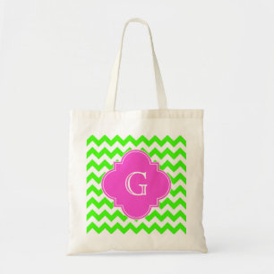 Bolsa Tote Monograma Quatrefoil Rosa Quente-verde limão