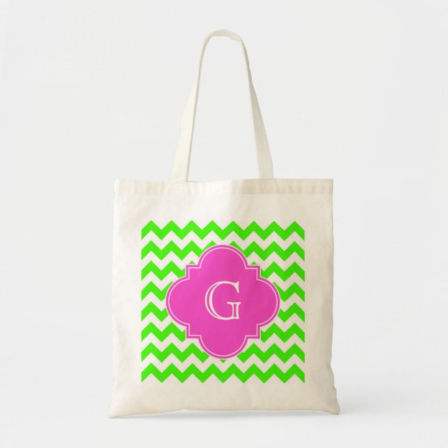 Bolsa Tote Monograma Quatrefoil Rosa Quente-verde limão (Frente)