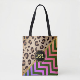 Bolsa Tote Monograma Rainbow Leopard Impressão Chevron Dois T