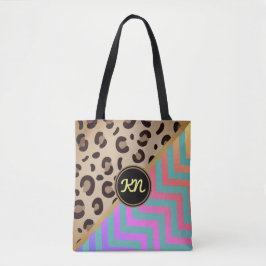 Bolsa Tote Monograma Rainbow Leopard Impressão Chevron Dois T