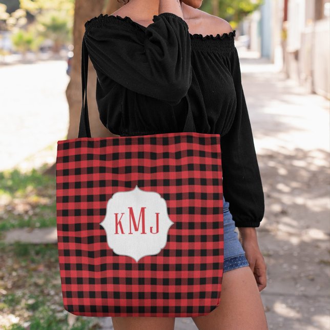Bolsa Tote Monograma Red Buffalo Check Personalizado (Red and black tote bag with monogram. )