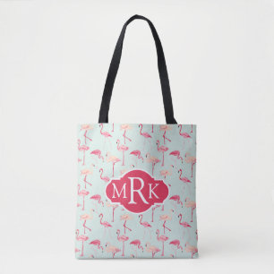 Bolsa Tote Monograma retro do teste padrão do flamingo