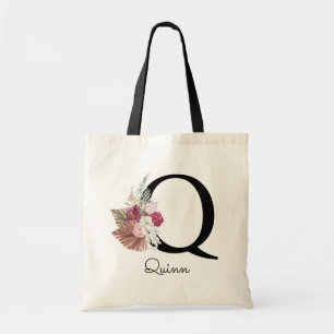 Bolsa Tote Monograma Rosa Boho Floral Inicial Q