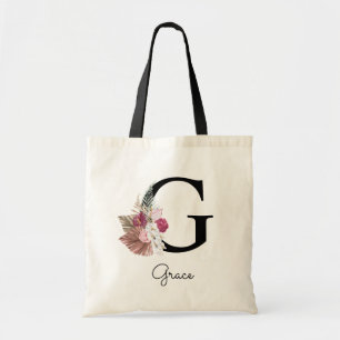 Bolsa Tote Monograma Rosa Boho Girly Floral Inicial G