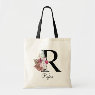 Bolsa Tote Monograma Rosa Boho Girly Floral Inicial R
