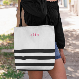 Bolsa Tote Monograma rosa com faixa branca e preta