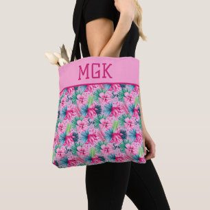 Bolsa Tote Monograma Rosa Verde Azul Floral Brilhante Tropica