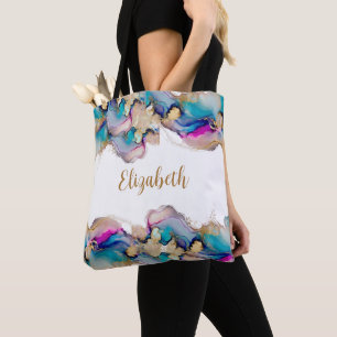 Bolsa Tote Monograma Roxo Azul Dourado Tinta Alcoólica Aquare