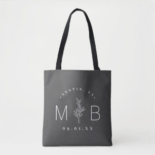 Bolsa Tote Monograma Rustic Floral Stem Wedding Carvão