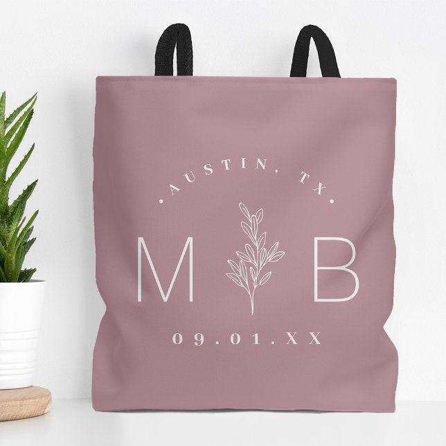Bolsa Tote Monograma Rustic Floral Stem Wedding | Mauve (Criador carregado)