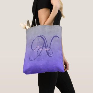 Bolsa Tote Monograma rústico elegante azul cinza