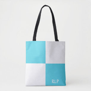 Bolsa Tote Monograma simples azul e quadrado branco