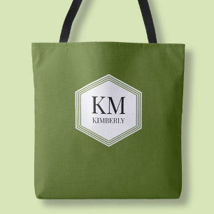 Bolsa Tote Monograma Simples Verde Nome Personalizado Modern