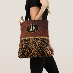 Bolsa Tote Monograma Textura castanha e padrão-leopardo