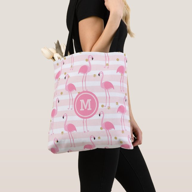 Bolsa Tote Monograma Tropical Rosa Flamingo Stripe (Close Up)