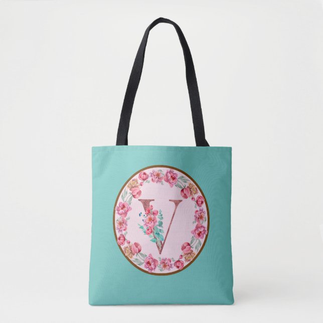 Bolsa Tote Monograma V - Letra com Saco de Toque de Flor de P (Frente)