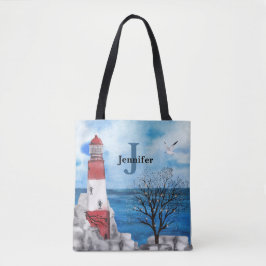 Bolsa Tote Monograma Vermelho e Azul Farol Arte de Aquarela
