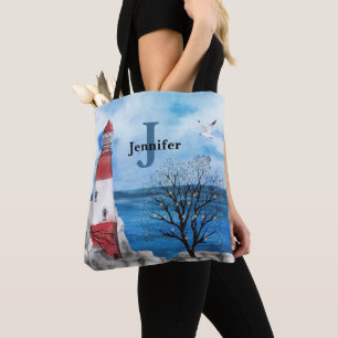 Bolsa Tote Monograma Vermelho e Azul Farol Arte de Aquarela