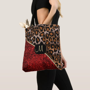 Bolsa Tote Monograma - vermelho e teste padrão do leopardo