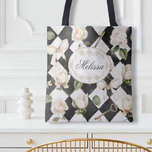 Bolsa Tote Monograma Vintage Rosa Flores Pretas Diamante Bran