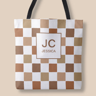Bolsa Tote Monograma Xadrez Marrom Moderno Padrão Simples