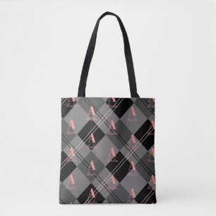 Bolsa Tote Monograma Xadrez Padrão Cinza Rosa Preto