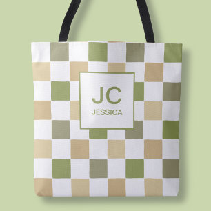 Bolsa Tote Monograma Xadrez Verde Moderno Simples Iniciais