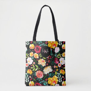 Bolsa Tote Monogramas coloridos de flores de jardim inglês