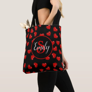 Bolsa Tote monogramas Corações vermelhos do amor em preto