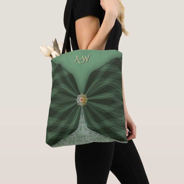 Bolsa Tote Monogrammed Botanical GreenJewel Textile Illusion  (Close Up)