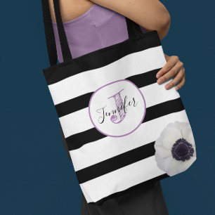 Bolsa Tote Monogrammed preto da listra e da anêmona