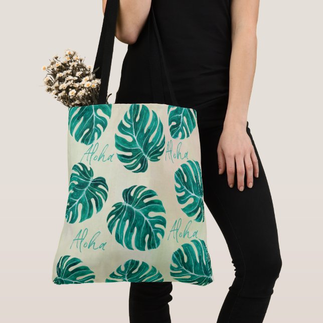 Bolsa Tote Monstera tropical emerald green palm deixa aloha (Close Up)